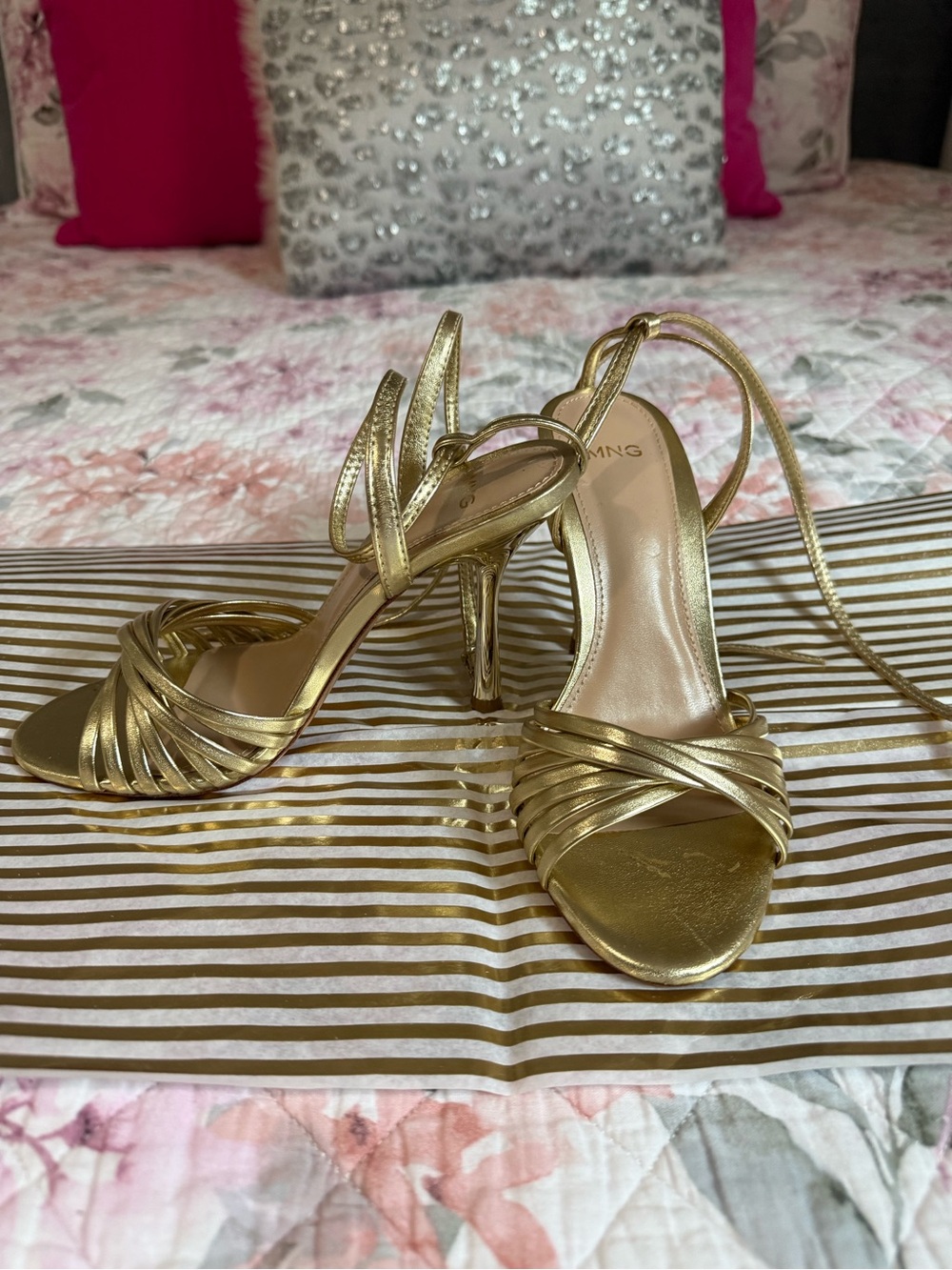 Mango Metallic Gold Strappy Ankle-Tie Heels